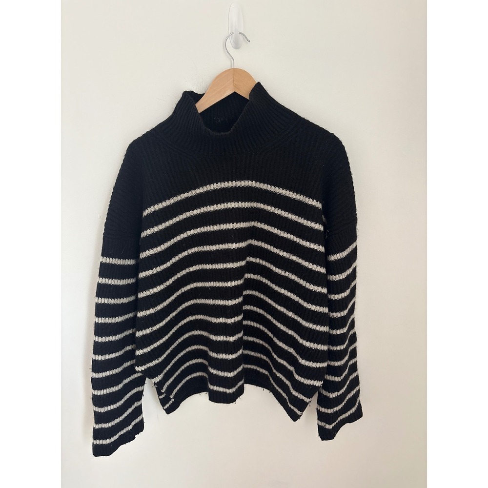 AllSaints Black White Striped Wool‎ Cashmere Mock Neck Sweater Large Ribbed Knit